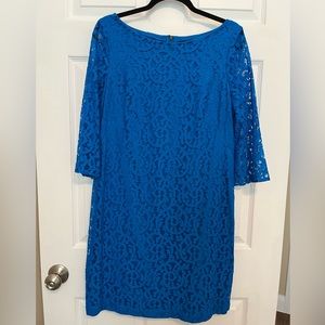 Nine & Co. Woman’s Blue Lace Overlay 3/4 Sleeve Midi dress Zipper Sz 14